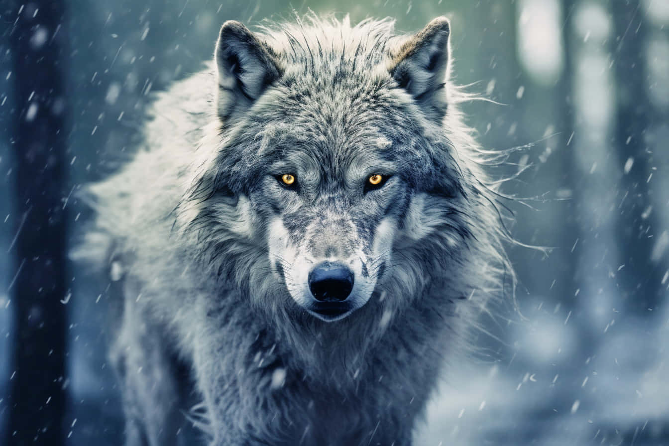  壁紙 — 一隻兇猛的灰狼，琥珀色發光的眼睛直視前方，雪花在迷霧森林中飄落。