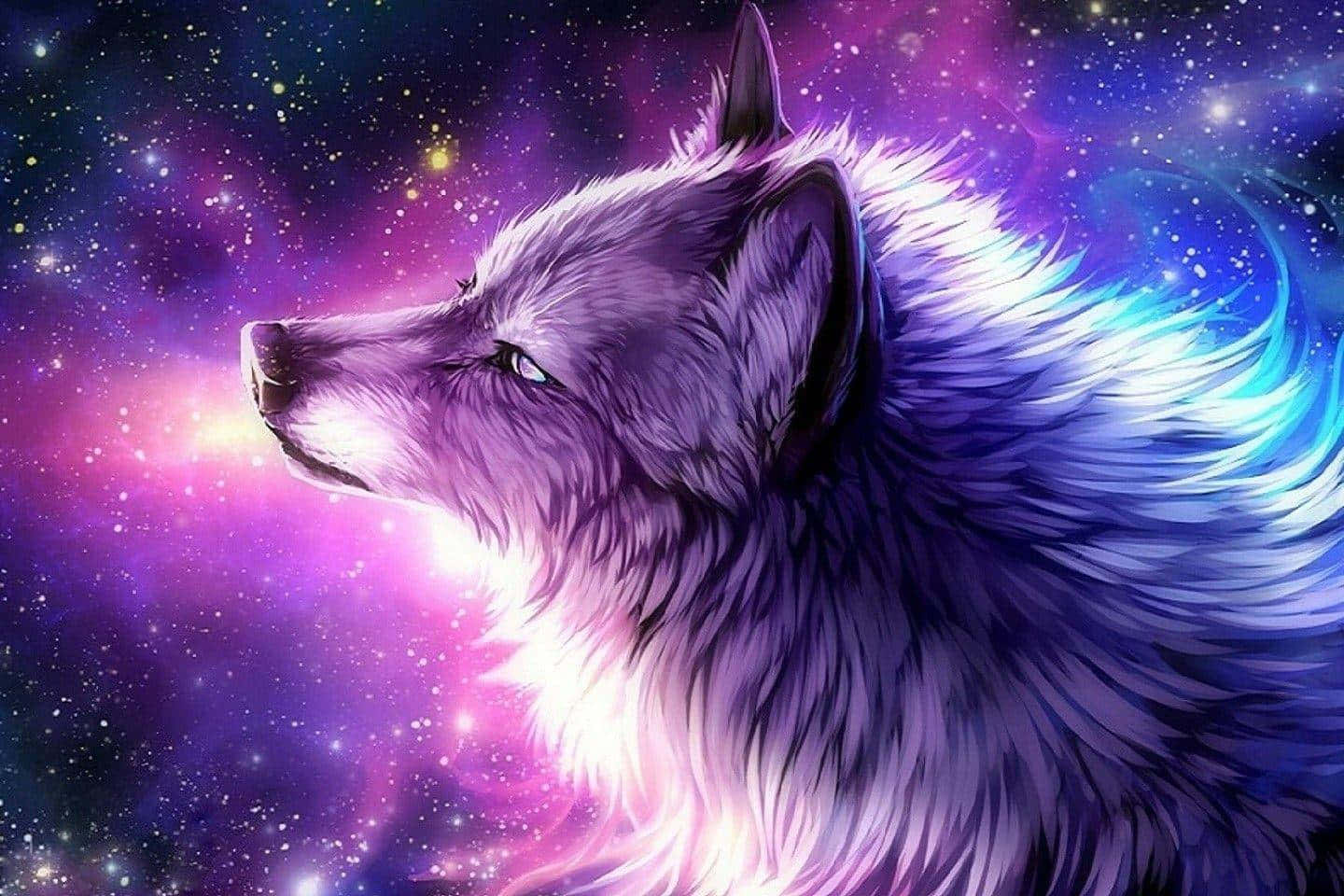  壁紙 — 一隻雄偉的狼，眼睛發光，凝視著由紫色、藍色和粉紅色星星組成的充滿活力的宇宙星雲。