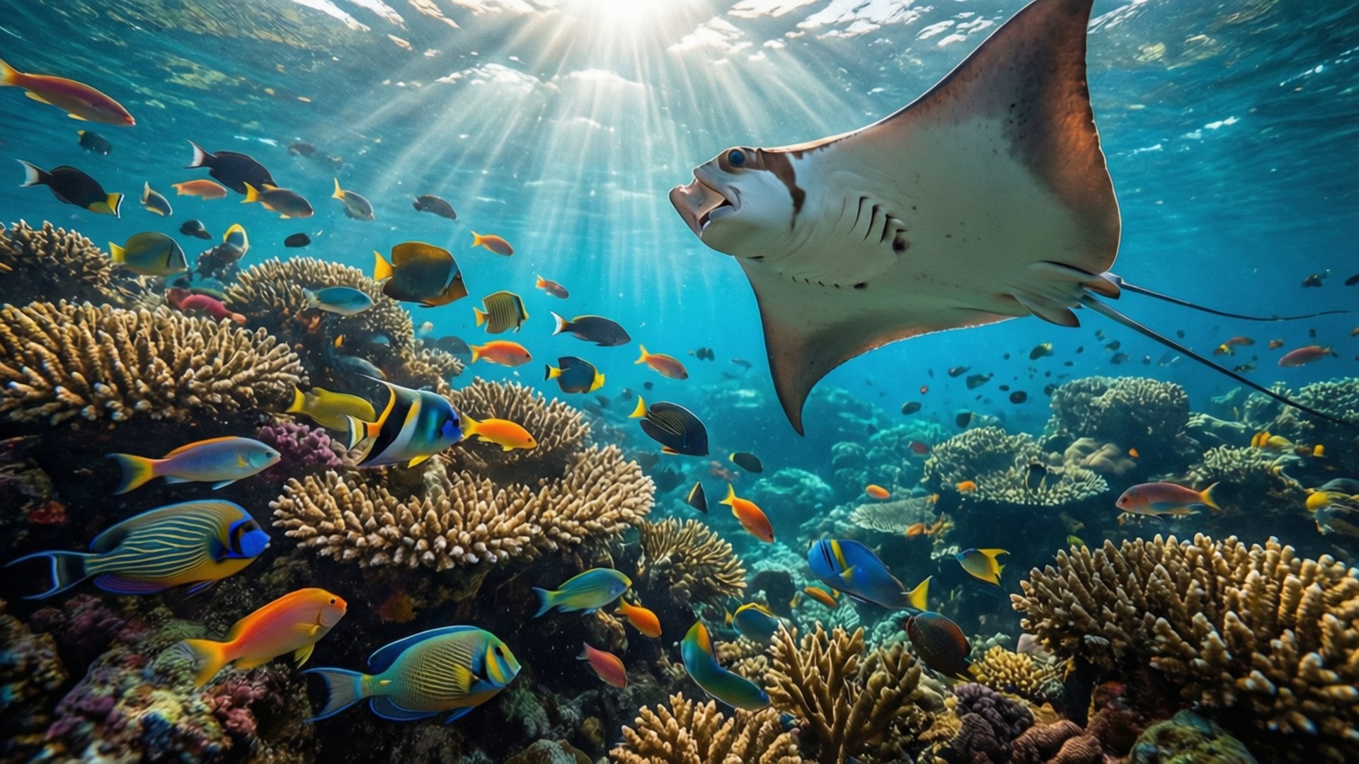 Ocean Conservation 桌布 壁紙 — 一隻雄偉的魔鬼魚在充滿色彩繽紛的熱帶魚的 vibrant 珊瑚礁上優雅地滑翔，陽光從上方照射下來。