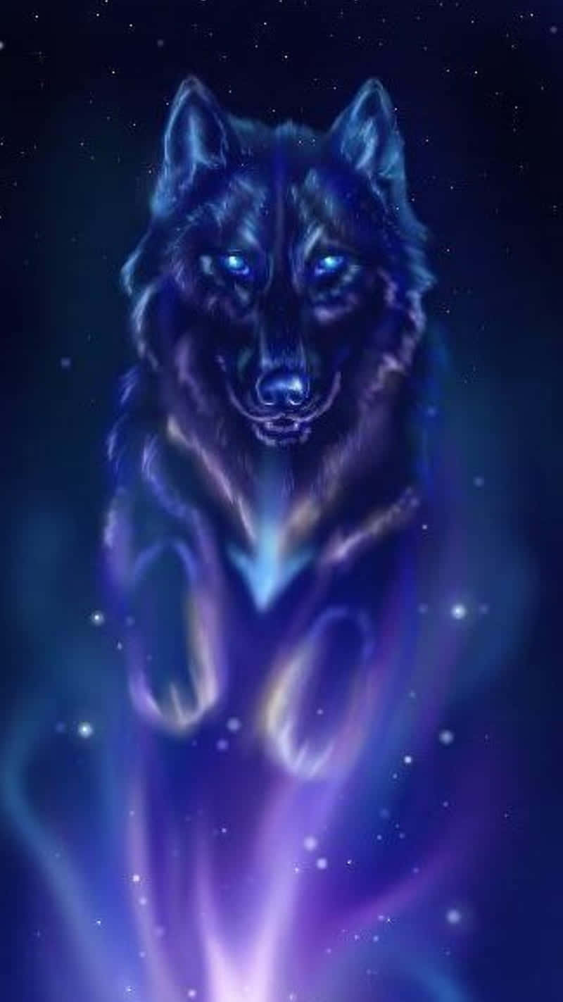  壁紙 — 一隻雄偉發光的狼，擁有銳利的藍色眼睛，站在散發紫色和藍色能量的星空宇宙背景前。