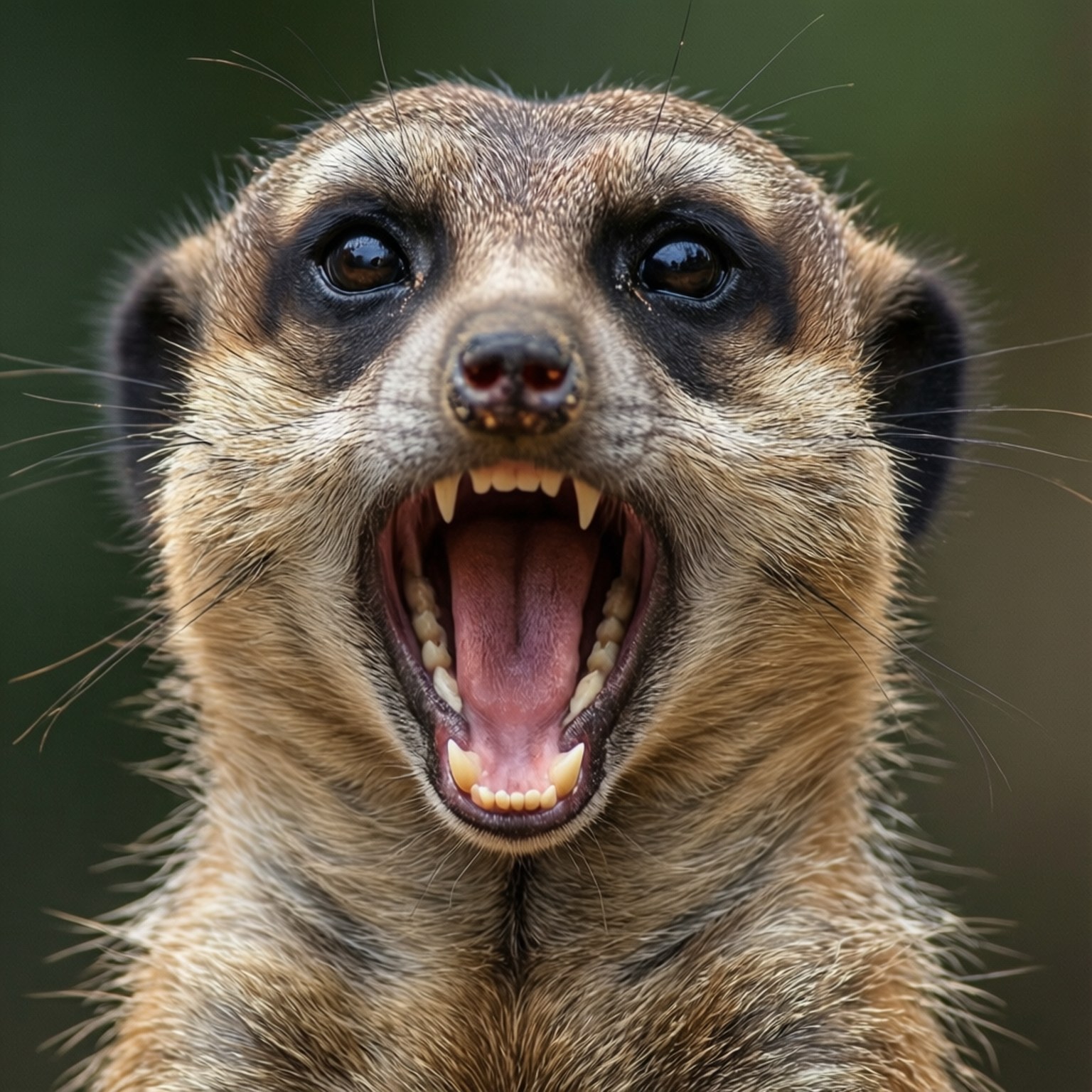 meerkat 桌布 壁紙 — 一隻眼睛睜大、露出牙齒的狐獴在特寫鏡頭中打呵欠或咆哮。