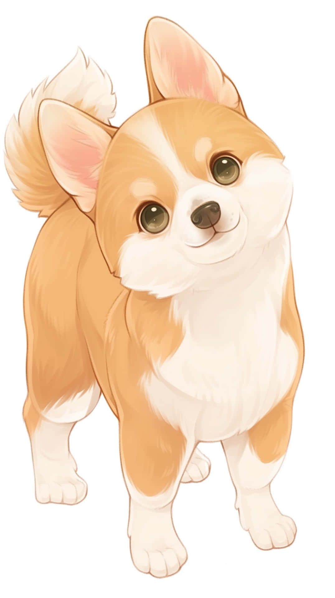  壁紙 — 一隻可愛的插畫柯基幼犬，有大大的棕色眼睛和蓬鬆的棕白色毛髮，站著開心地向上看。