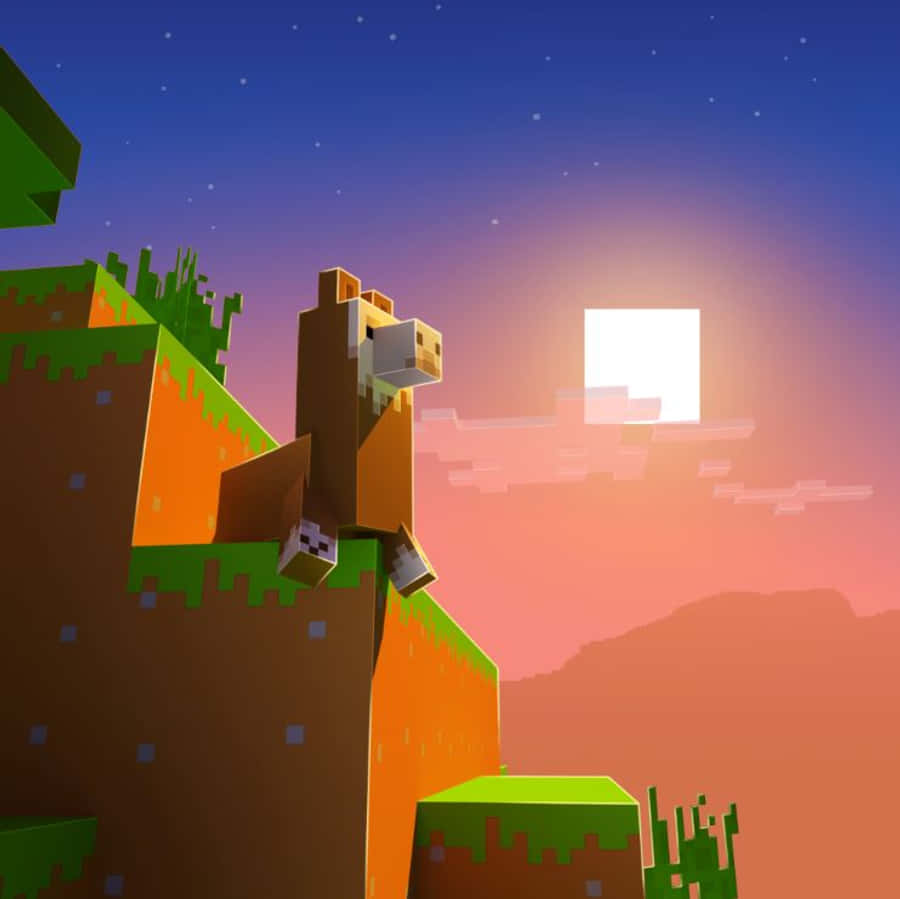 Minecraft Pets 桌布 壁紙 — 一隻像素化羊駝站在方塊狀的山丘上，背景是星光閃爍的暮色天空，還有一個發光的方形太陽。