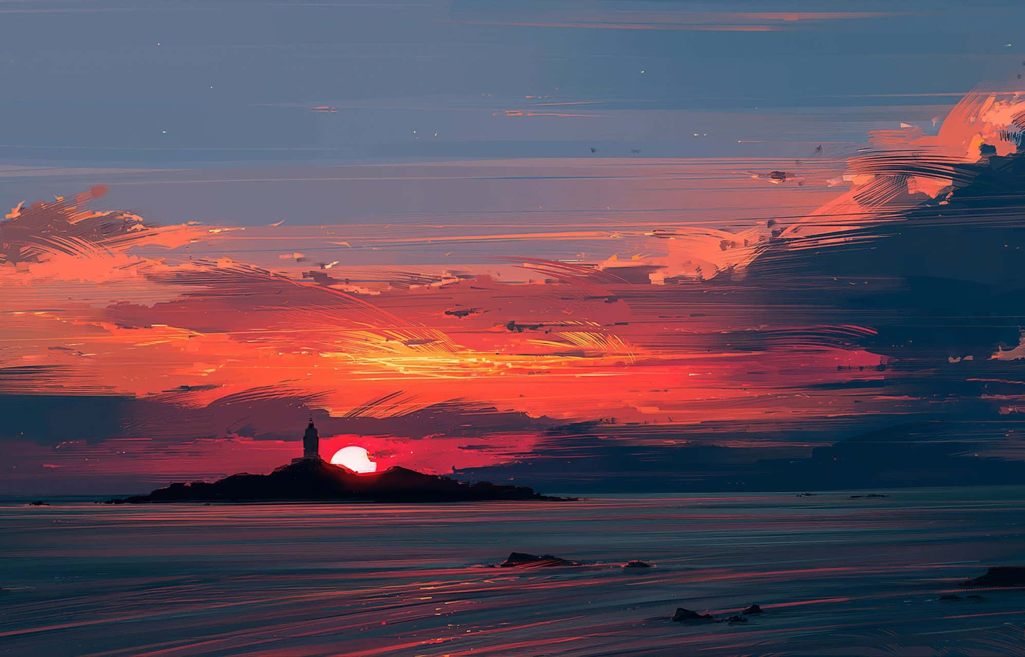 Sunset Painting 桌布 壁紙 — 一座燈塔矗立在岩石島上，熾熱的夕陽在平靜的水面上用橙色和紫色的條紋塗抹天空。