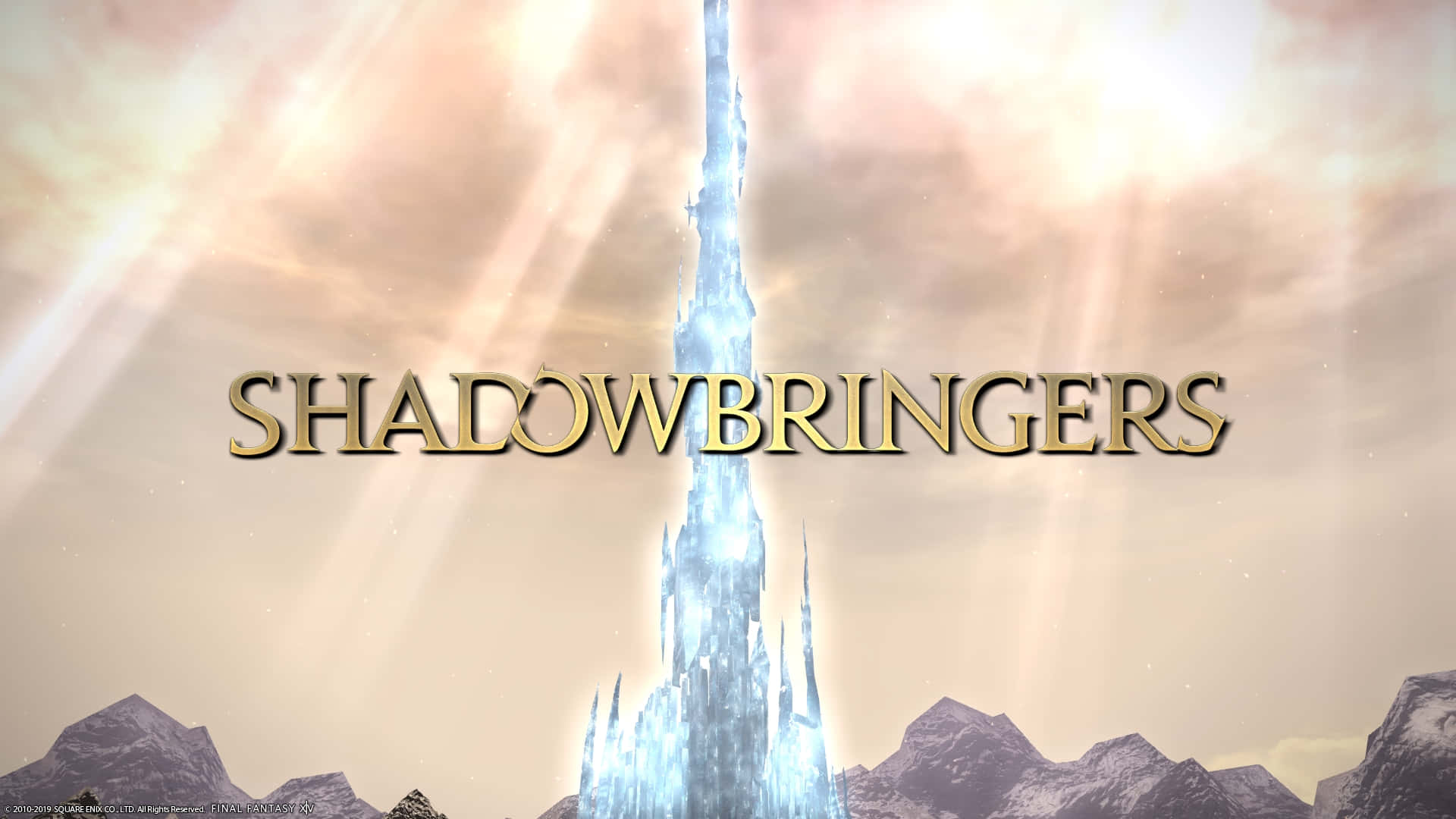  壁紙 — 一座高聳的冰尖塔刺穿金色天空，陽光在標題 Shadowbringers 周圍放射。