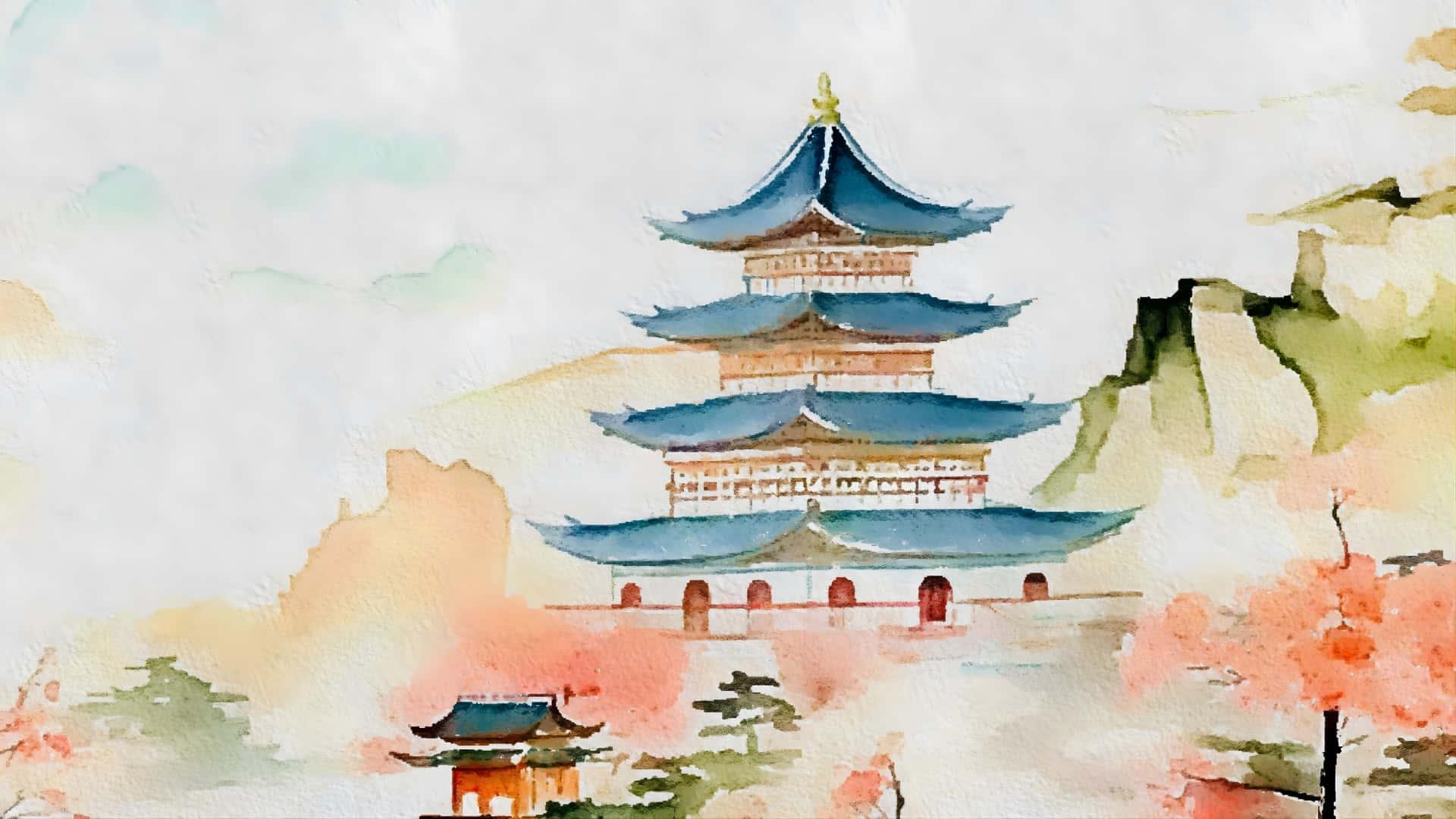  壁紙 — 一座傳統多層藍頂寶塔矗立在霧氣繚繞的山巒和秋樹之間，以柔和的水彩渲染。