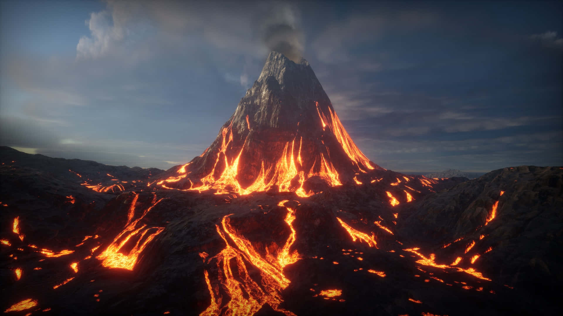 火山爆發，熔岩在黃昏時沿山坡流下。