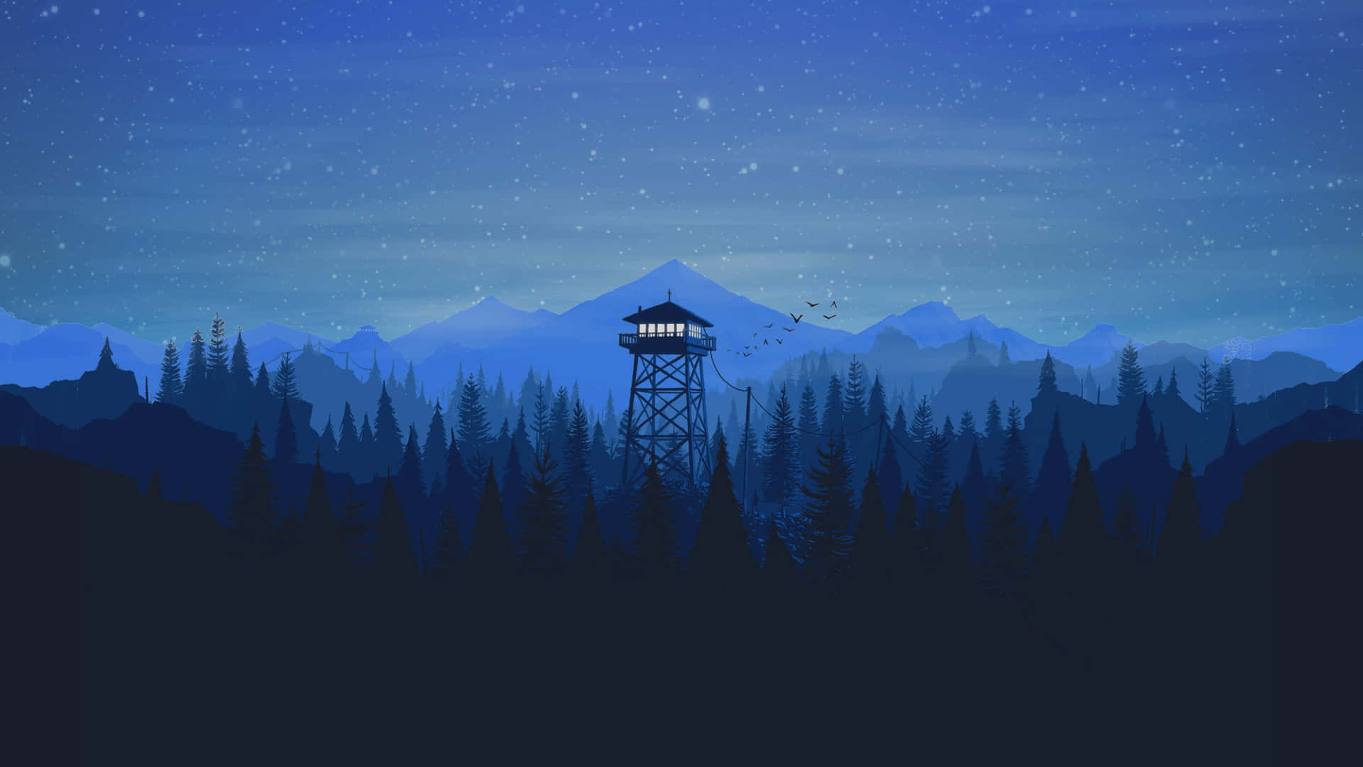 夜晚森林中的瞭望塔，星空下，背景有山