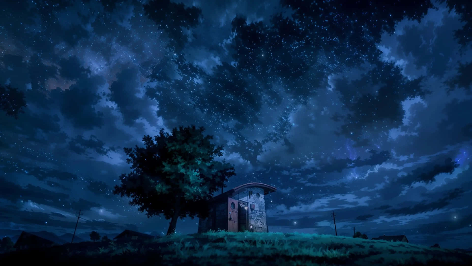  壁紙 — 一座孤獨的鄉村小屋，坐落於廣闊的星空夜空下，伴隨著發光的雲朵和一棵孤樹。