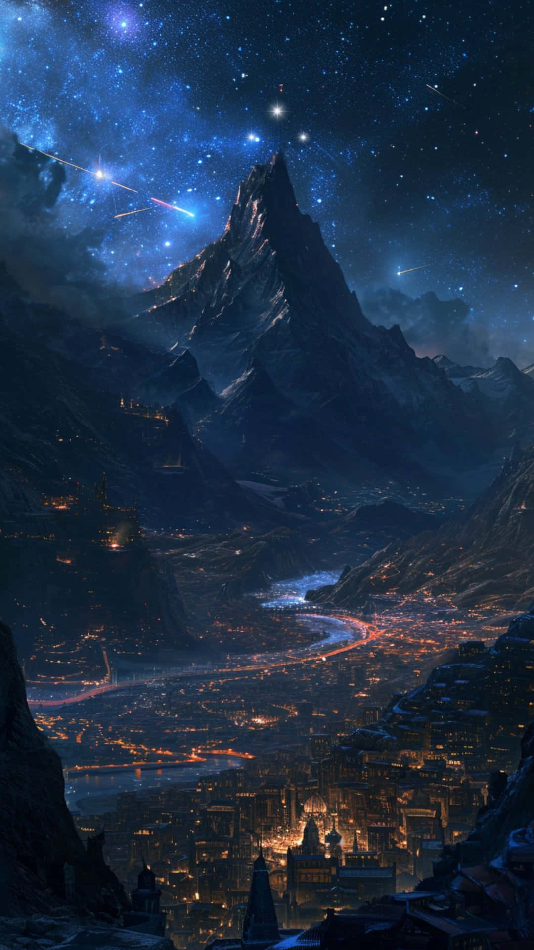 壁紙 — 一座廣闊的城市坐落在山谷中，高聳的山峰之下，璀璨星空之夜。