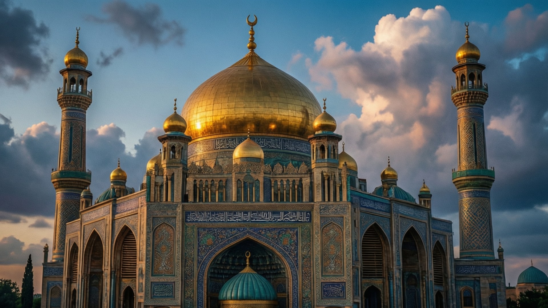 Abbasid Caliphate 桌布 壁紙 — 一座宏偉的清真寺，金色圓頂和宣禮塔在戲劇性的黃昏天空下閃耀，天空有粉紅色和藍色的雲彩。