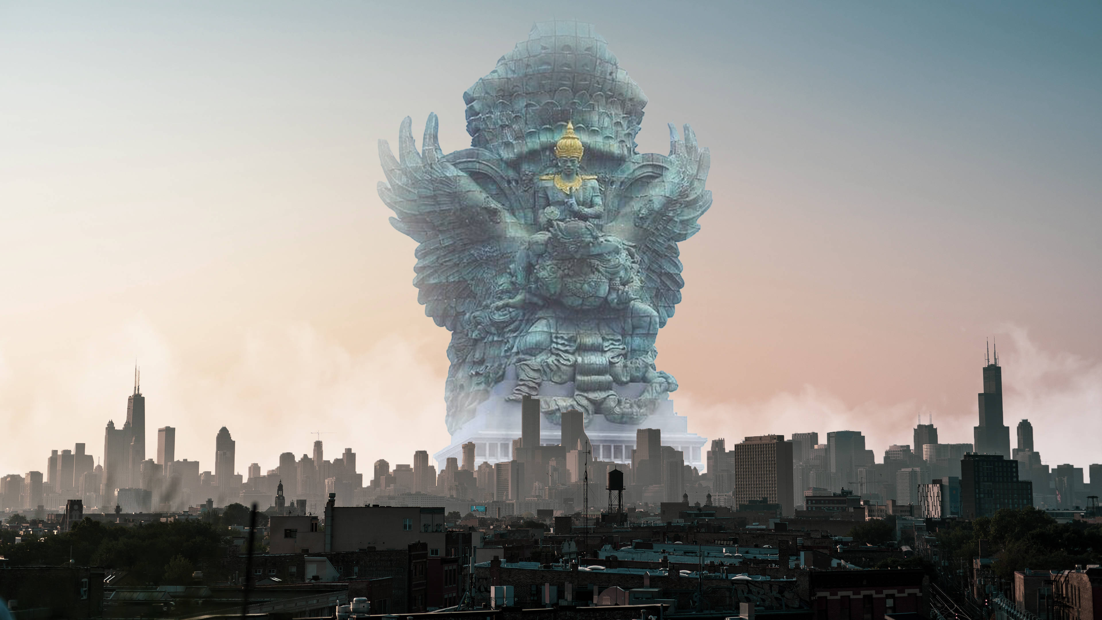 一座巨大的神話雕像在黎明時分升起於城市之上，天空呈現柔和的粉紅色和藍色。