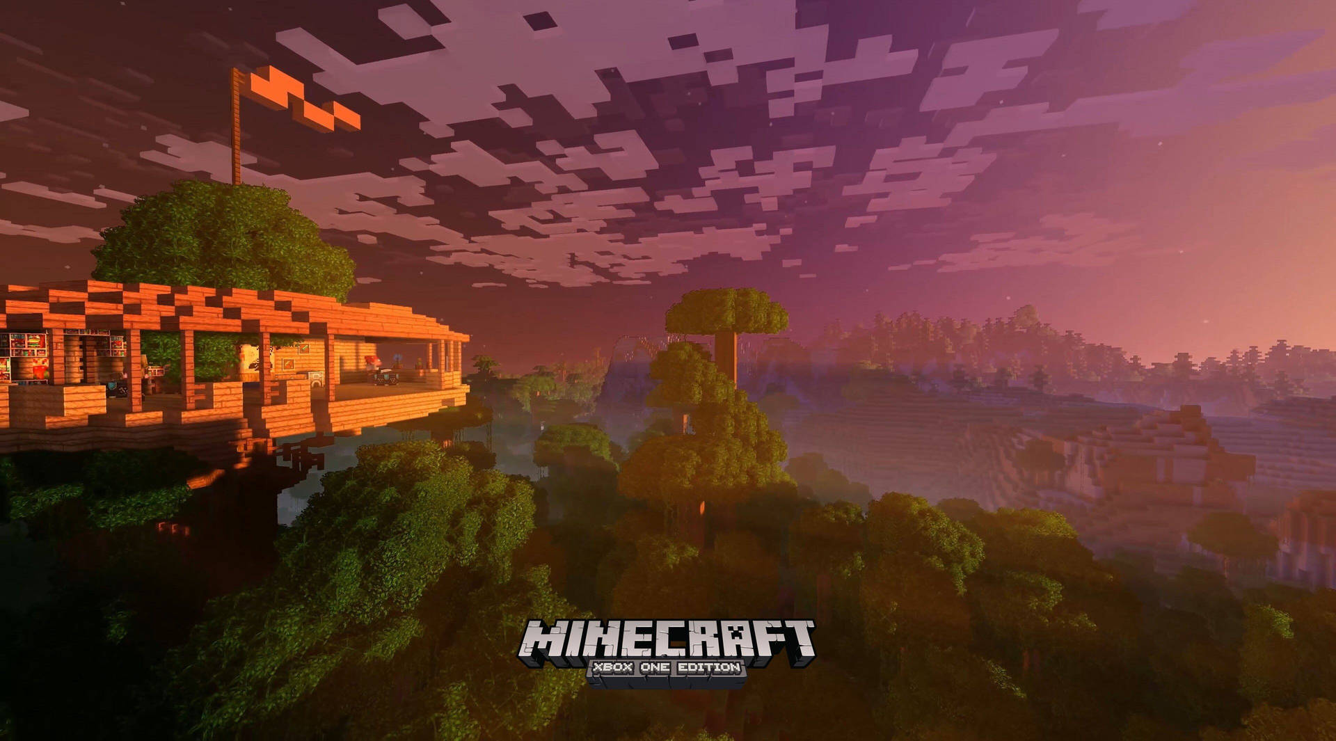 一座建在森林高蹺上的 Minecraft 木屋，夕陽西下，伴隨著紫色的雲彩。