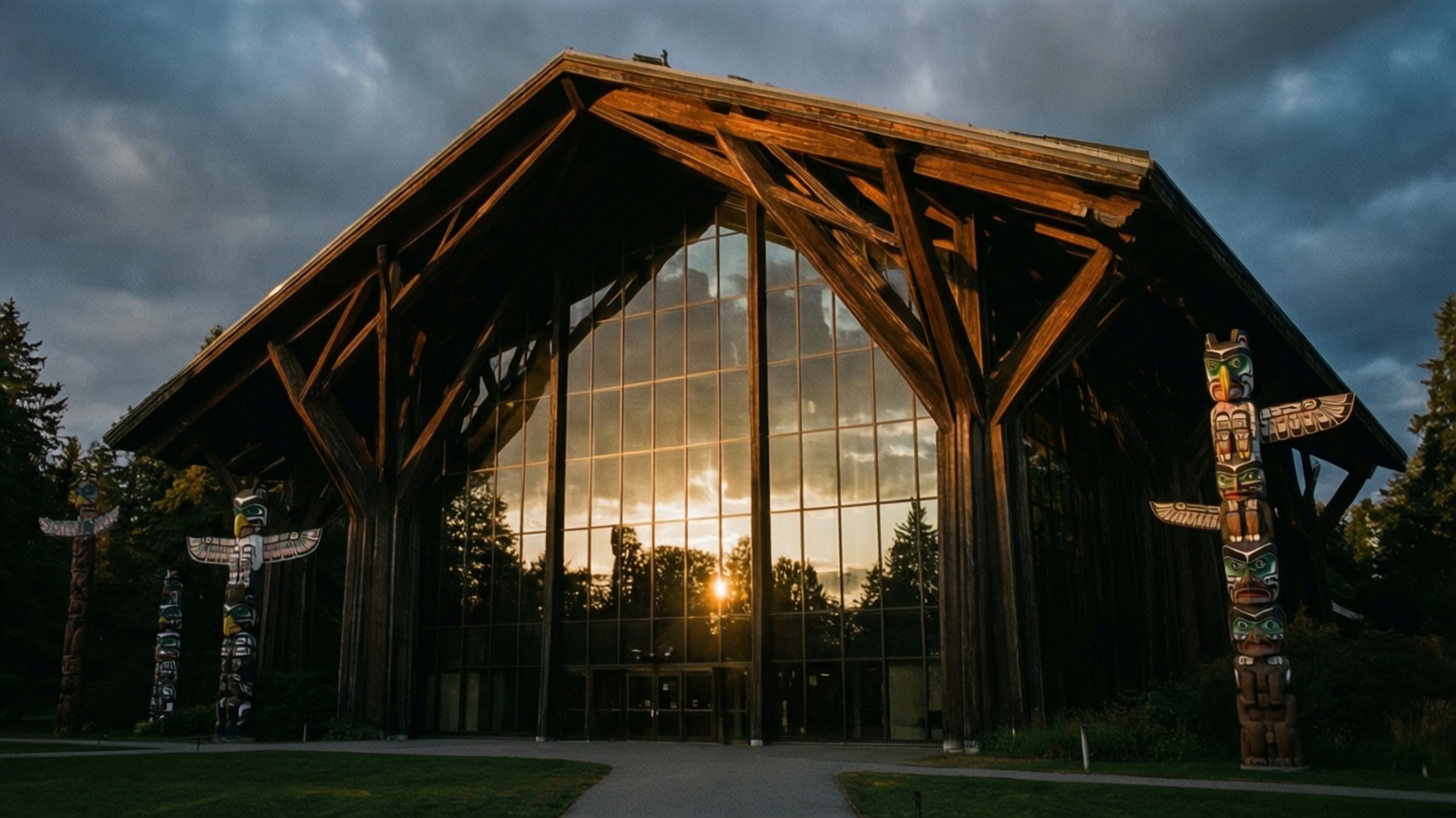 The University Of British Columbia 桌布 壁紙 — 一座現代木造建築，玻璃牆映照著金色夕陽，背景是戲劇性的多雲天空，兩旁有圖騰柱。