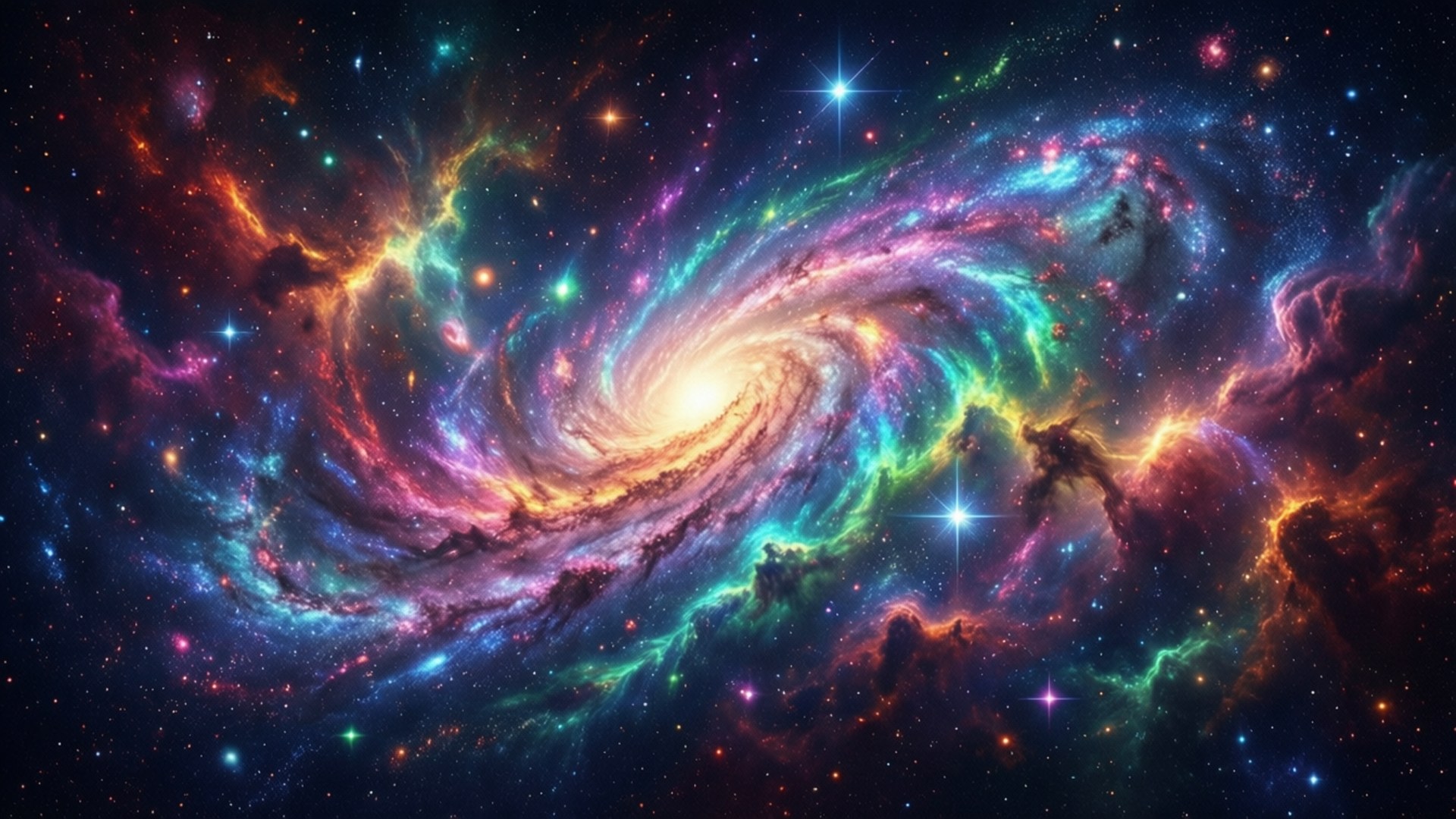 在深空中擁有發光恆星和彩色星雲的充滿活力的螺旋星系。