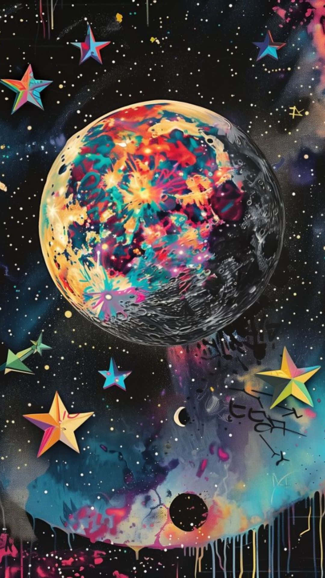  壁紙 — 一個充滿活力的宇宙場景，展示了一個色彩繽紛的行星，帶有塗鴉風格的星星和顏料滴，背景是繁星點點的夜空。