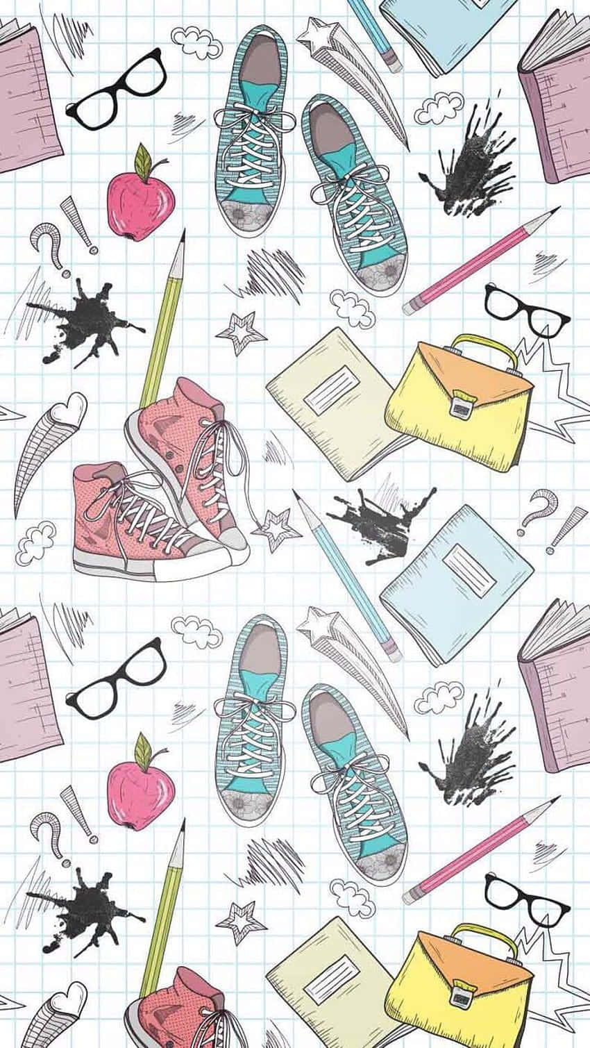 School Aesthetic 桌布 壁紙 — 一個充滿活力的塗鴉風格壁紙，在方格紙背景上散落著學校用品、運動鞋和蘋果。