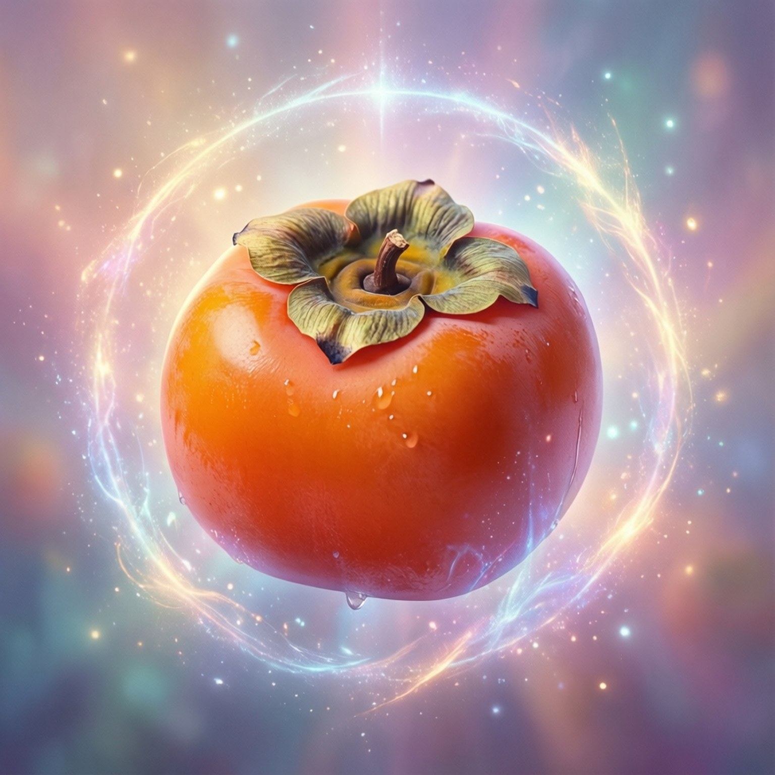 Persimmon 桌布 壁紙 — 一個充滿活力的橙色柿子漂浮在發光的宇宙漩渦中，帶有閃爍的粒子和耀眼的光芒。