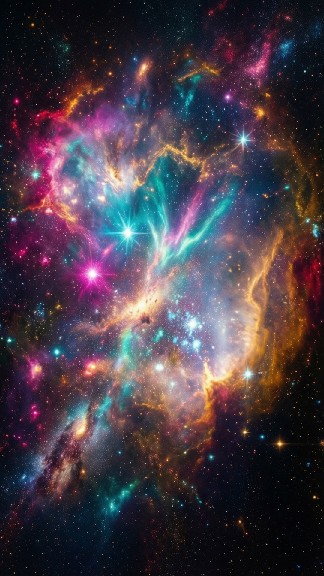 充滿活力的宇宙星雲，在深空中閃爍著星星和色彩繽紛的氣體雲。