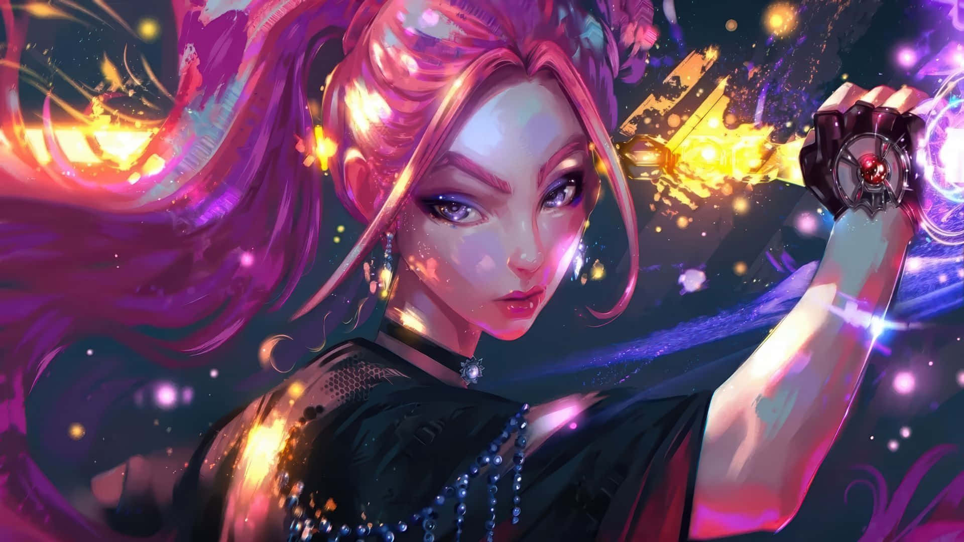  壁紙 — 一個充滿活力的動漫女孩，擁有發光的粉紅色頭髮，在旋轉的宇宙能量和閃爍的粒子中揮舞著魔法武器。