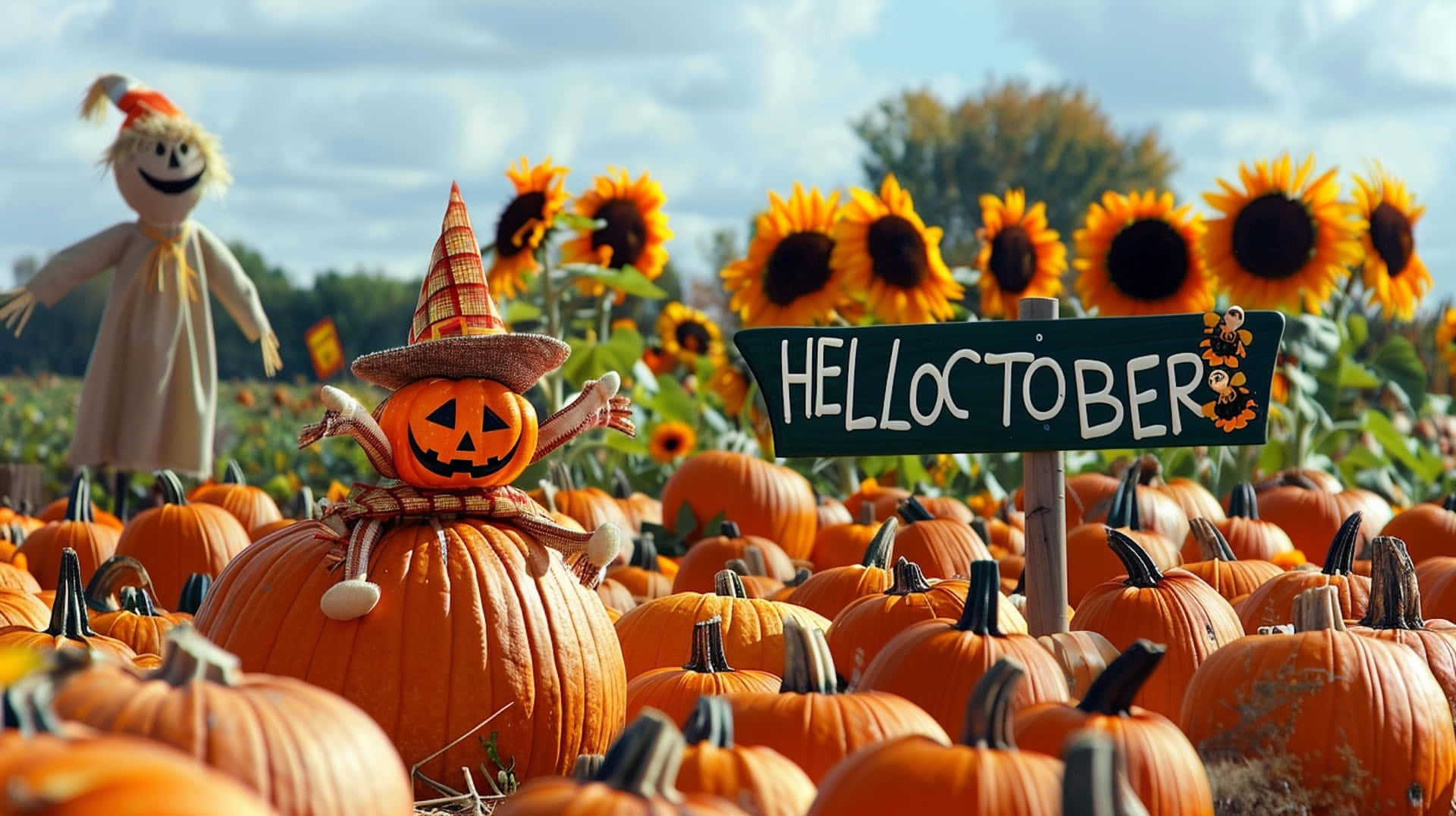 October Desktop 桌布 壁紙 — 一個充滿橙色南瓜、微笑的傑克南瓜燈稻草人和向日葵的歡樂南瓜田，在明亮的天空下。