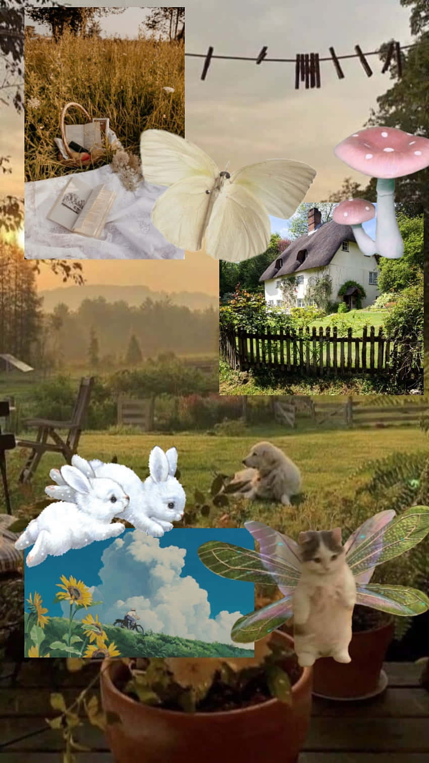 充滿奇思妙想的拼貼畫，以童話蘑菇、蝴蝶、小屋和魔法動物為特色，背景為田園風光。 — 鄉村風美學 壁紙