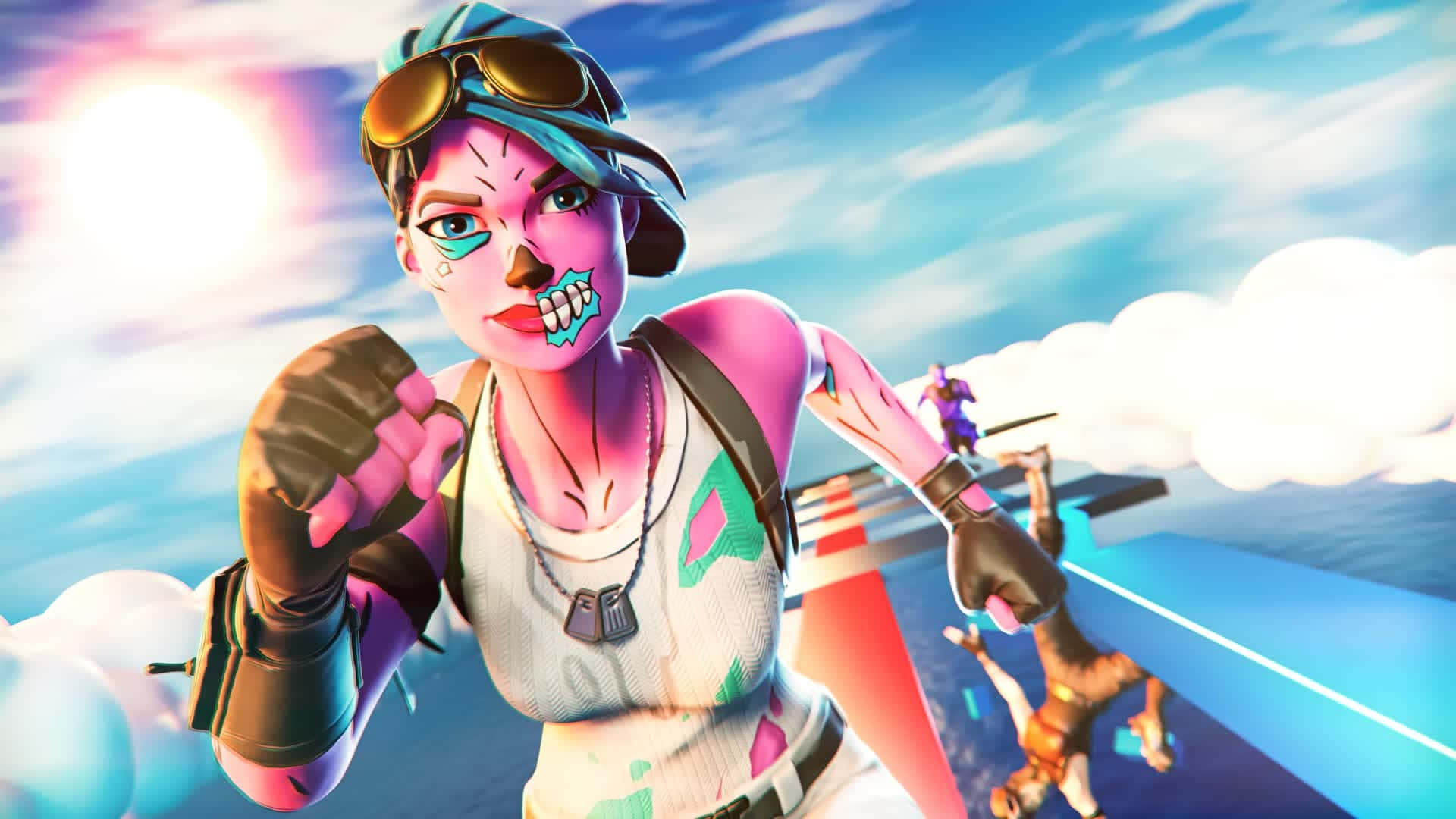  壁紙 — 一個充滿活力的Fortnite角色，畫著骷髏妝容並戴著護目鏡，在浮動平台上向前奔跑，背景是明亮的天空和雲朵。