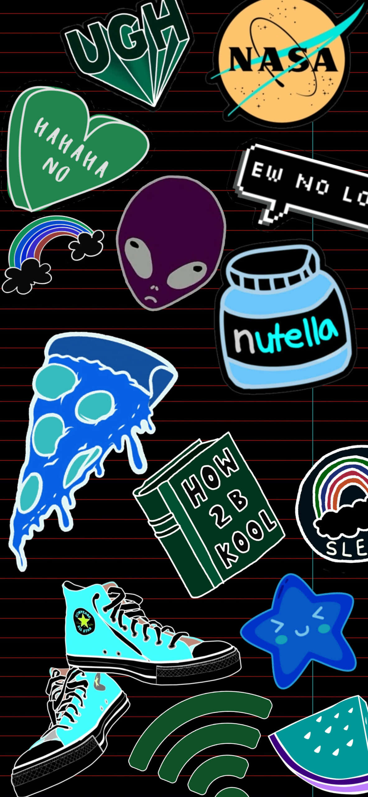 School Aesthetic 桌布 壁紙 — 一個充滿活力的卡通貼紙拼貼，以黑色網格背景為襯，包含外星人、薄餅、Nutella 和 NASA 圖案。