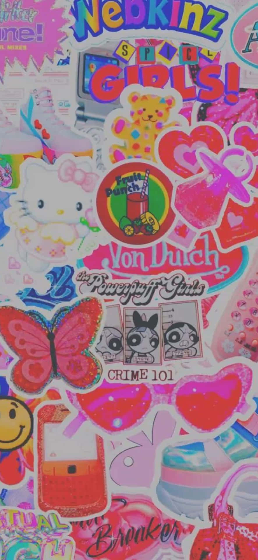  壁紙 — 一個充滿活力的彩色貼紙拼貼，包含Hello Kitty、飛天小女警及其他卡通角色，背景為亮粉紅色。