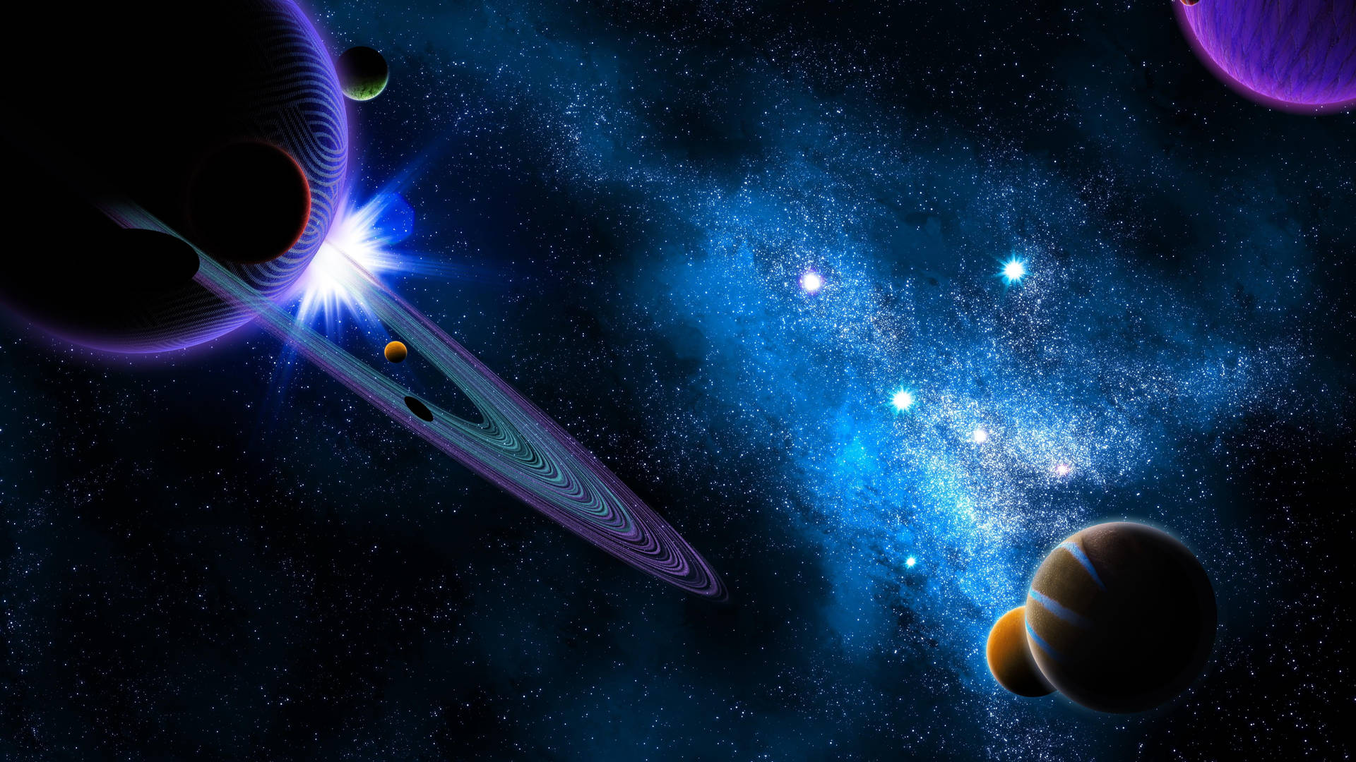 宇宙藍色星雲中充滿活力的行星和恆星。