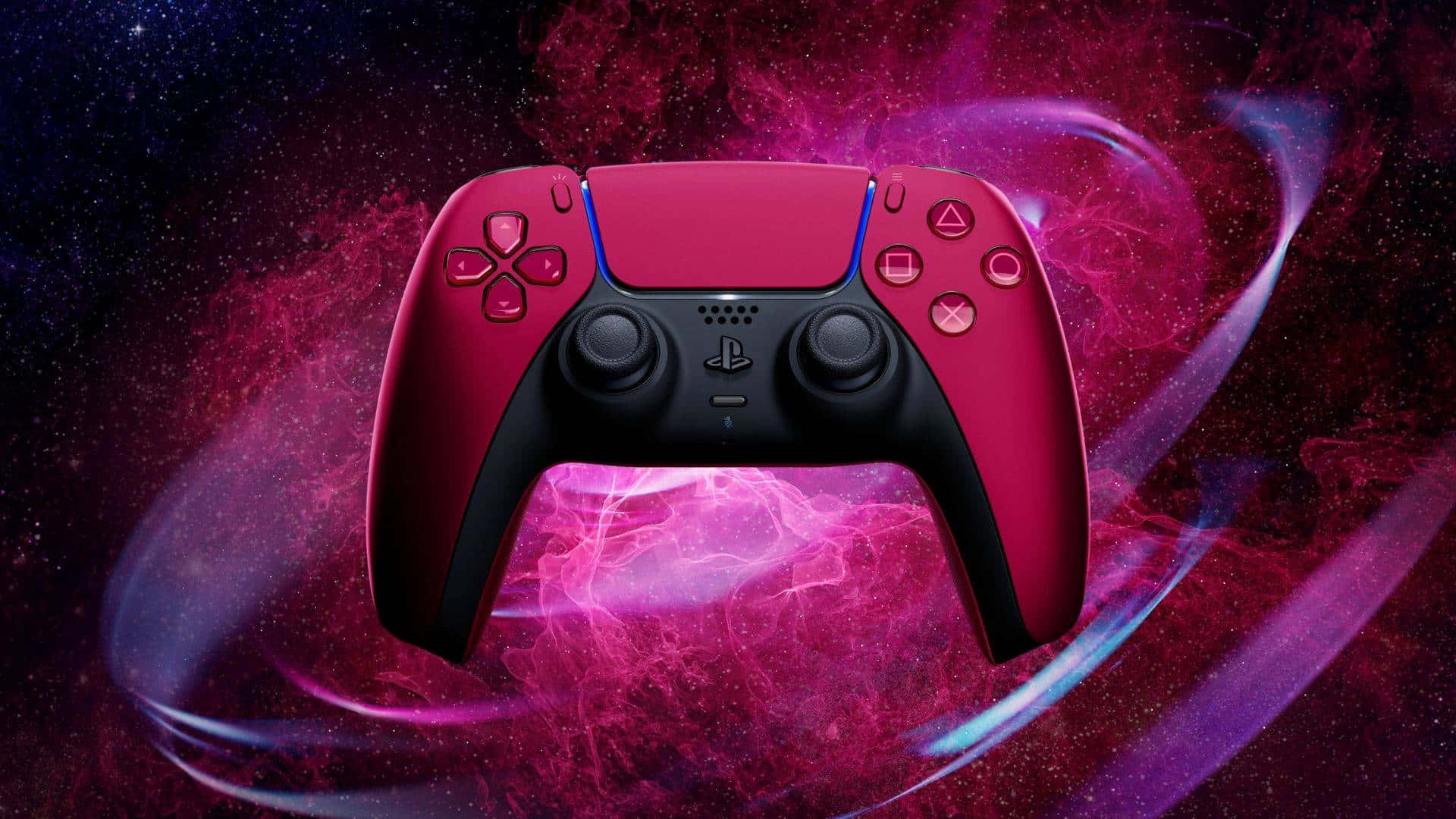  壁紙 — 一個充滿活力的粉紅色PlayStation控制器漂浮在旋轉的宇宙星雲中，帶有電紫色和藍色的能量痕跡。