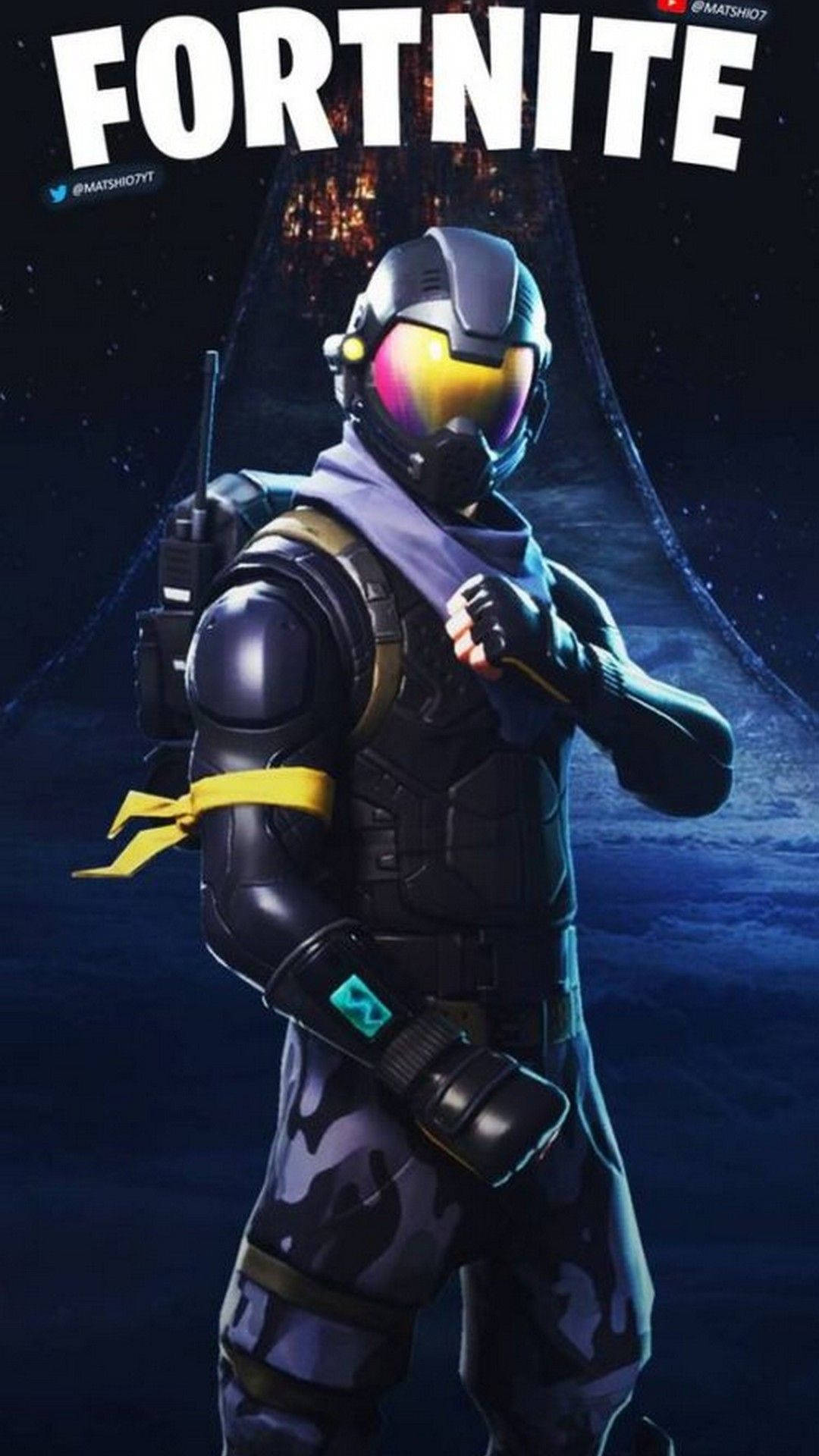 穿著未來裝甲的Fortnite角色，帶發光護目鏡，宇宙背景