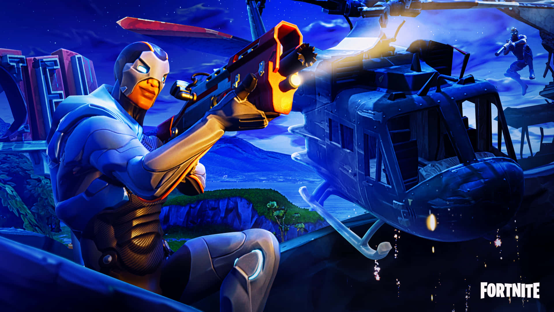  壁紙 — 一個穿著藍色盔甲的 Fortnite 角色在星空下向一架盤旋的直升機發射發光的橙色武器。