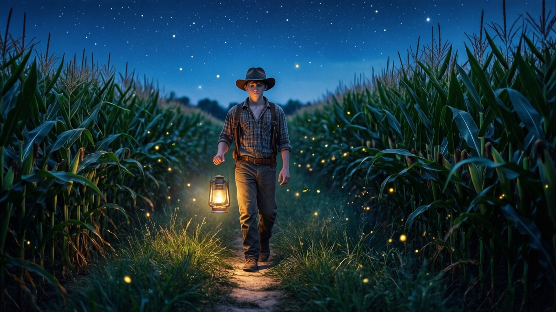 Country Boy 桌布 壁紙 — 一個戴帽子的孤獨男人在夜晚走過星光燦爛的玉米田，手持被螢火蟲包圍的發光燈籠。