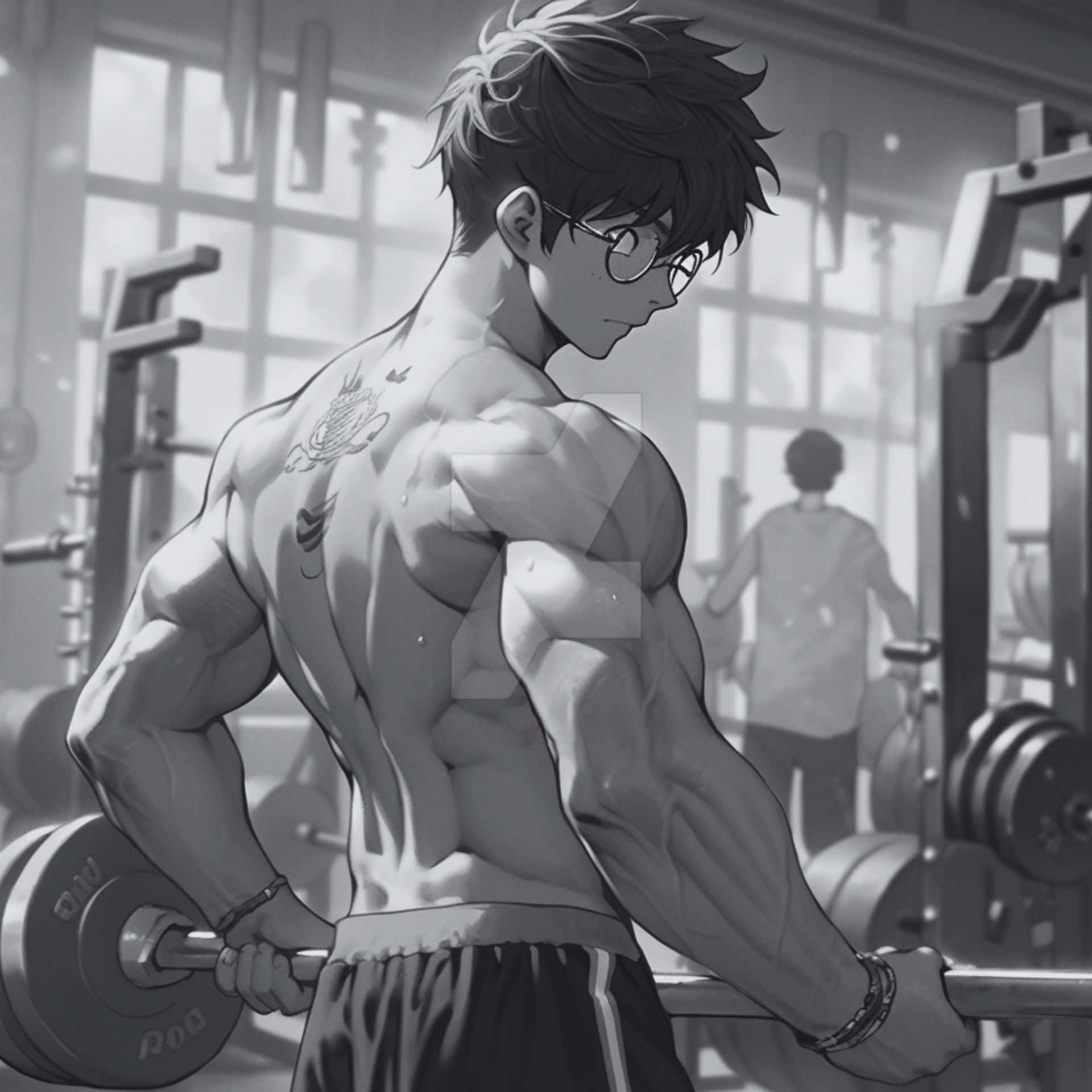  壁紙 — 一個戴眼鏡的肌肉動漫男在陽光普照的健身房舉起槓鈴，背部有可見的紋身。
