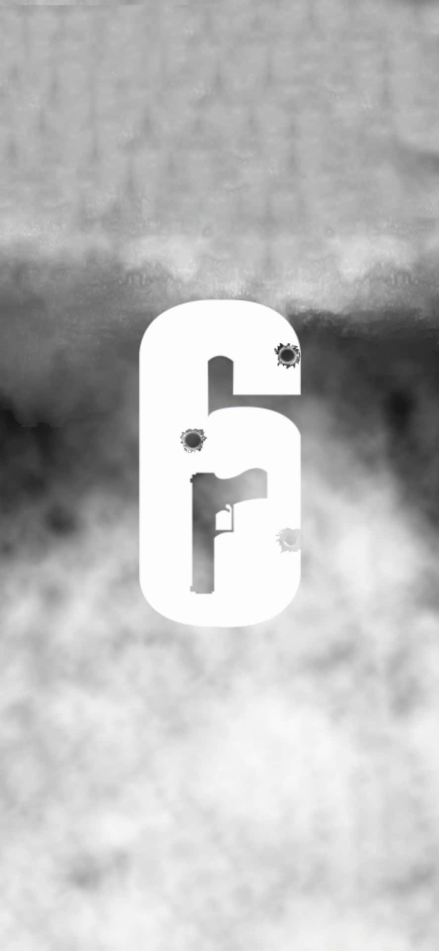  壁紙 — 一個帶有彈孔的白色數字六，疊加在煙霧般的灰階背景上。