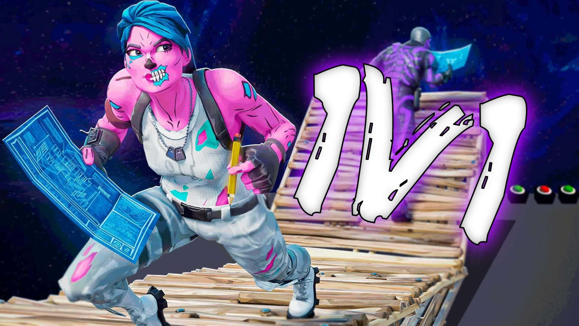  壁紙 — 一個粉紅色皮膚、藍色頭髮的Fortnite角色在星空下拿著藍圖跑過木橋。