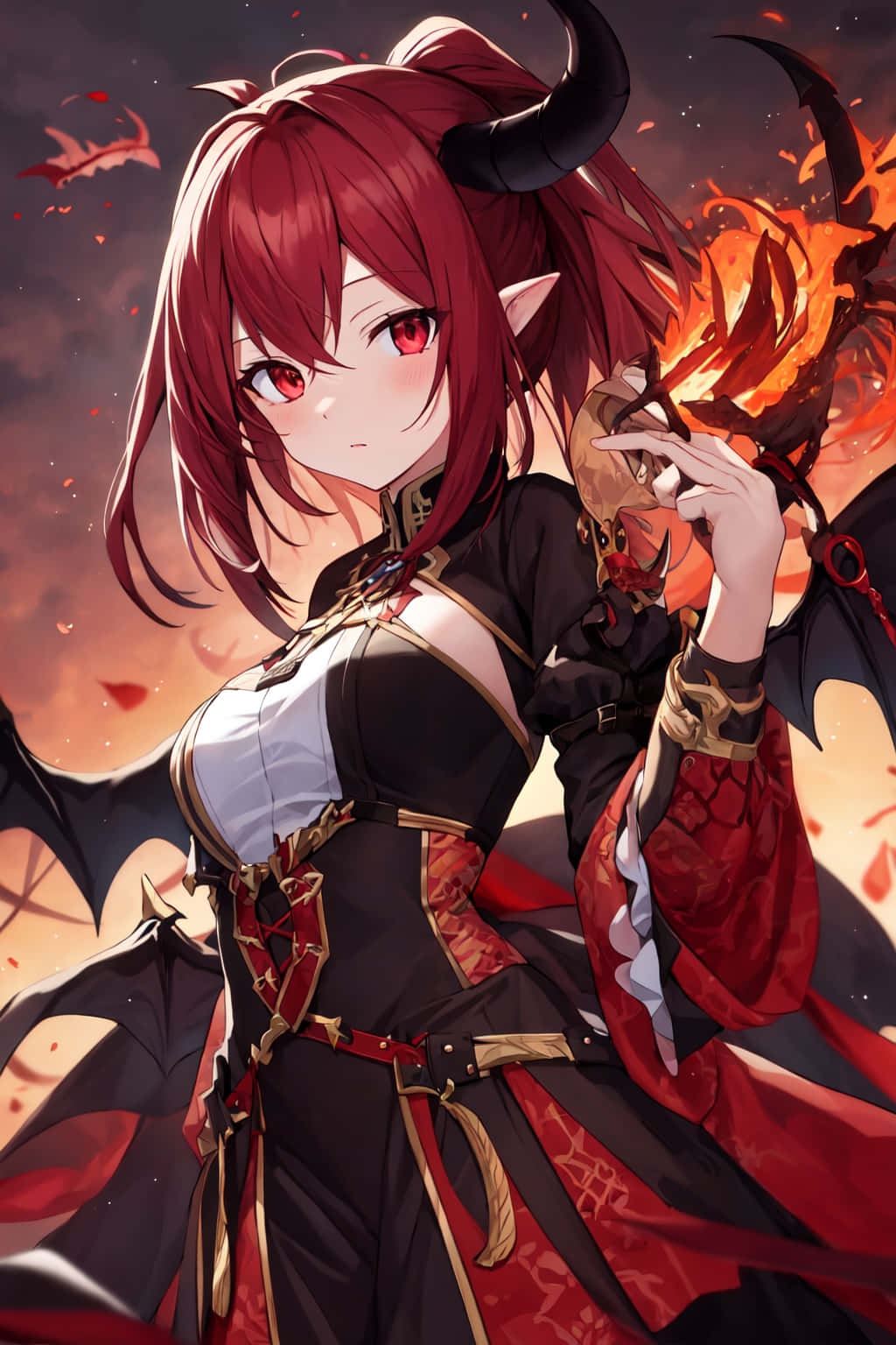  壁紙 — 一個火紅頭髮、有角同蝙蝠翼嘅動畫女惡魔，喺熾熱嘅橙色天空下拎住一個面具。