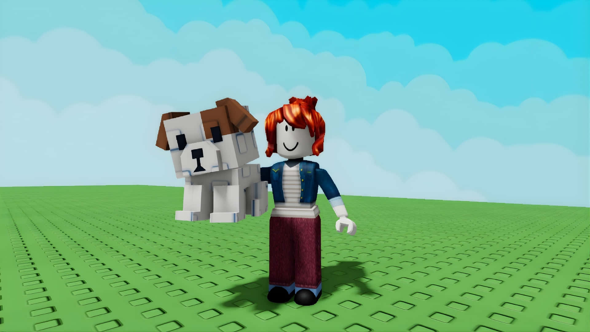  壁紙 — 一個方塊狀的 Roblox 頭像，紅髮，站在一隻白色和棕色的狗旁邊，在藍天白雲下的綠色網格上。