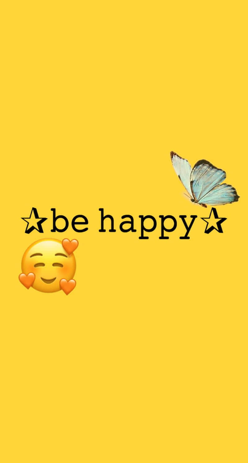黃色背景，有「be happy」文字、帶心心的微笑表情符號和一隻藍色蝴蝶。 — 唯美蝴蝶動圖 壁紙
