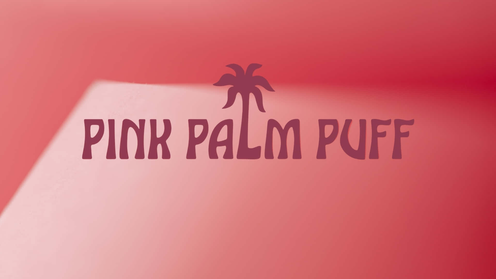  壁紙 — 一個風格化的標誌，上面寫着「PINK PALM PUFF」，並帶有棕櫚樹圖標，背景是柔和的粉紅色漸變。
