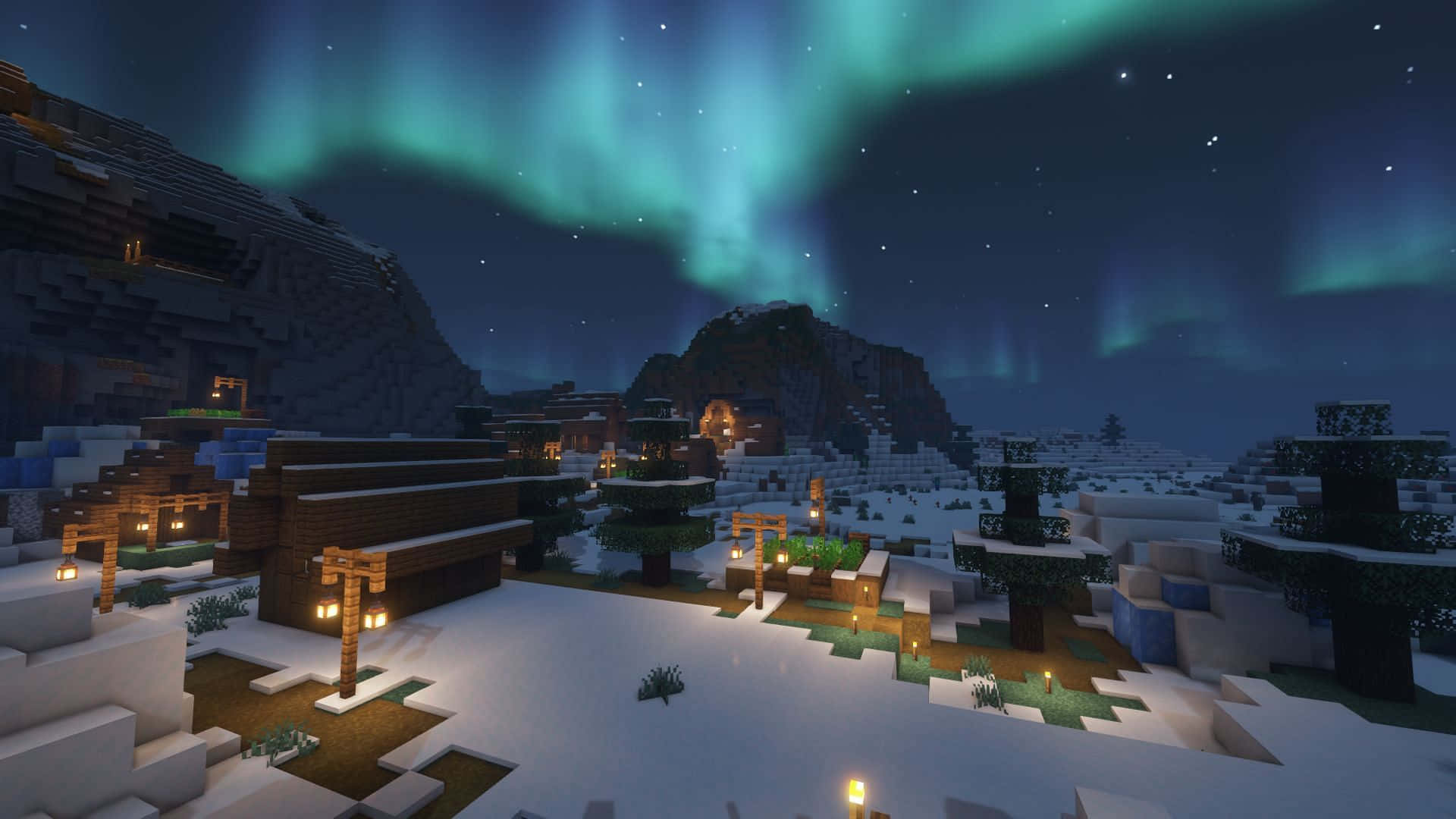 雪中的Minecraft村莊，綠色北極光下發光的燈籠，夜晚