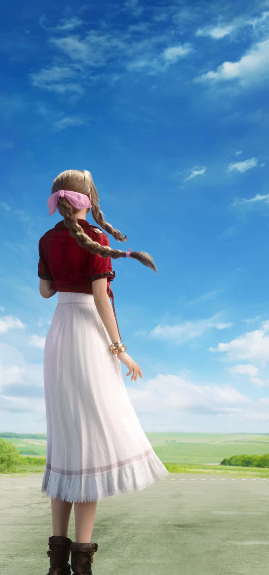  壁紙 — 一個辮子頭髮、戴著粉紅色蝴蝶結的小女孩，站在廣闊藍天白雲下的田野裡。