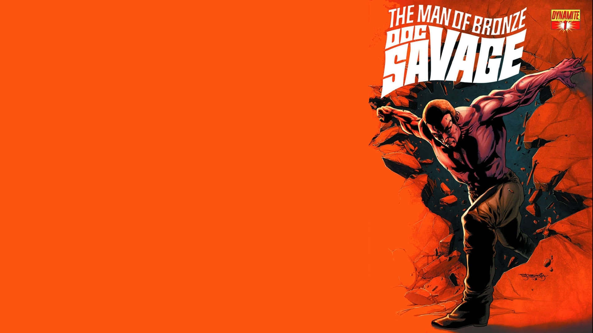 Doc Savage 在漫畫插圖中衝破一堵紅磚牆。