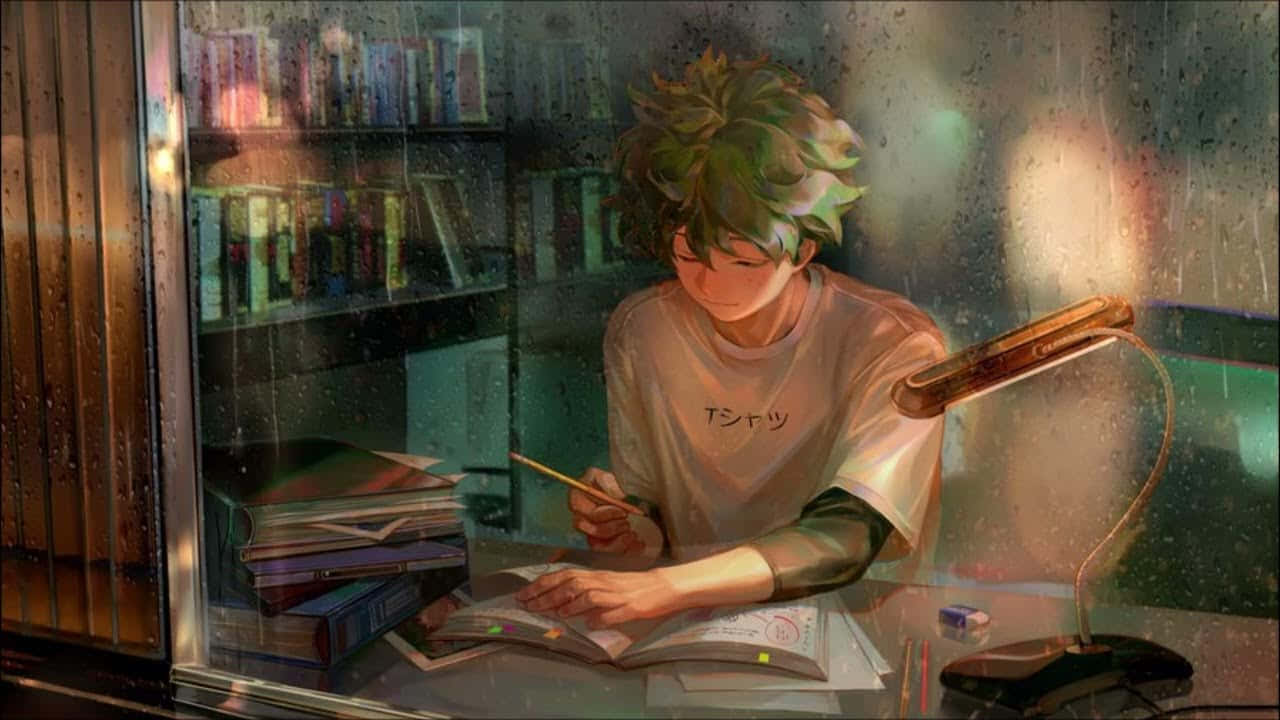  壁紙 — 一個綠髮的年輕動漫男孩在書桌燈下學習，雨水在他身後的窗戶上流淌。