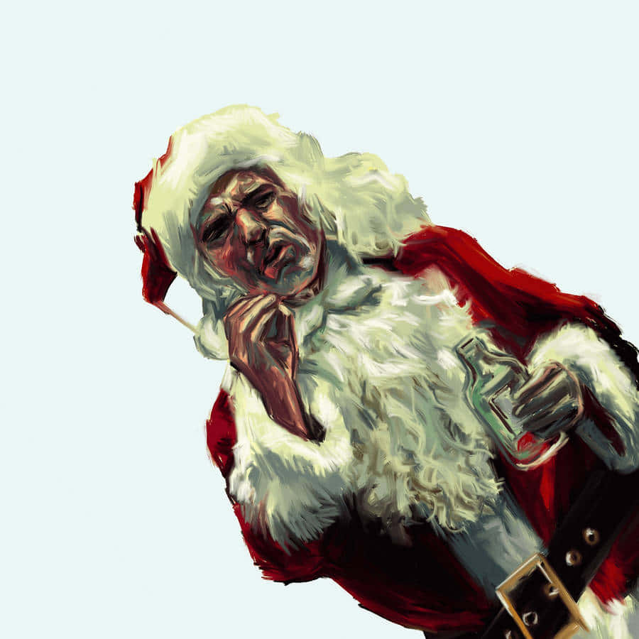  壁紙 — 一個疲倦的聖誕老人穿著紅色西裝，拿著一個瓶子，在淡藍色背景上用手托著下巴。