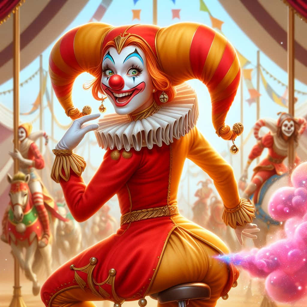  壁紙 — 一個身穿紅金服裝的活潑馬戲團小丑在條紋帳篷下帶著節日裝飾愉快地微笑。
