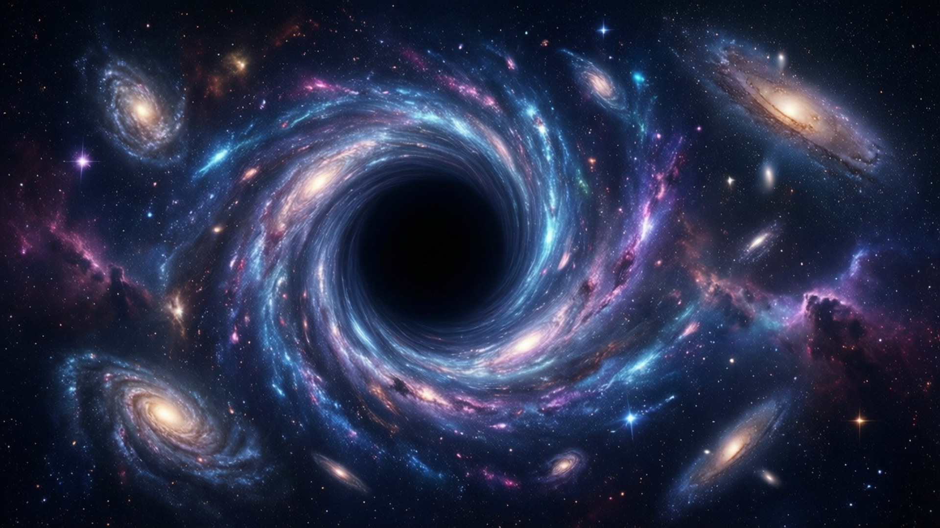 一個黑洞在色彩繽紛的宇宙星雲中旋轉星系和恆星。
