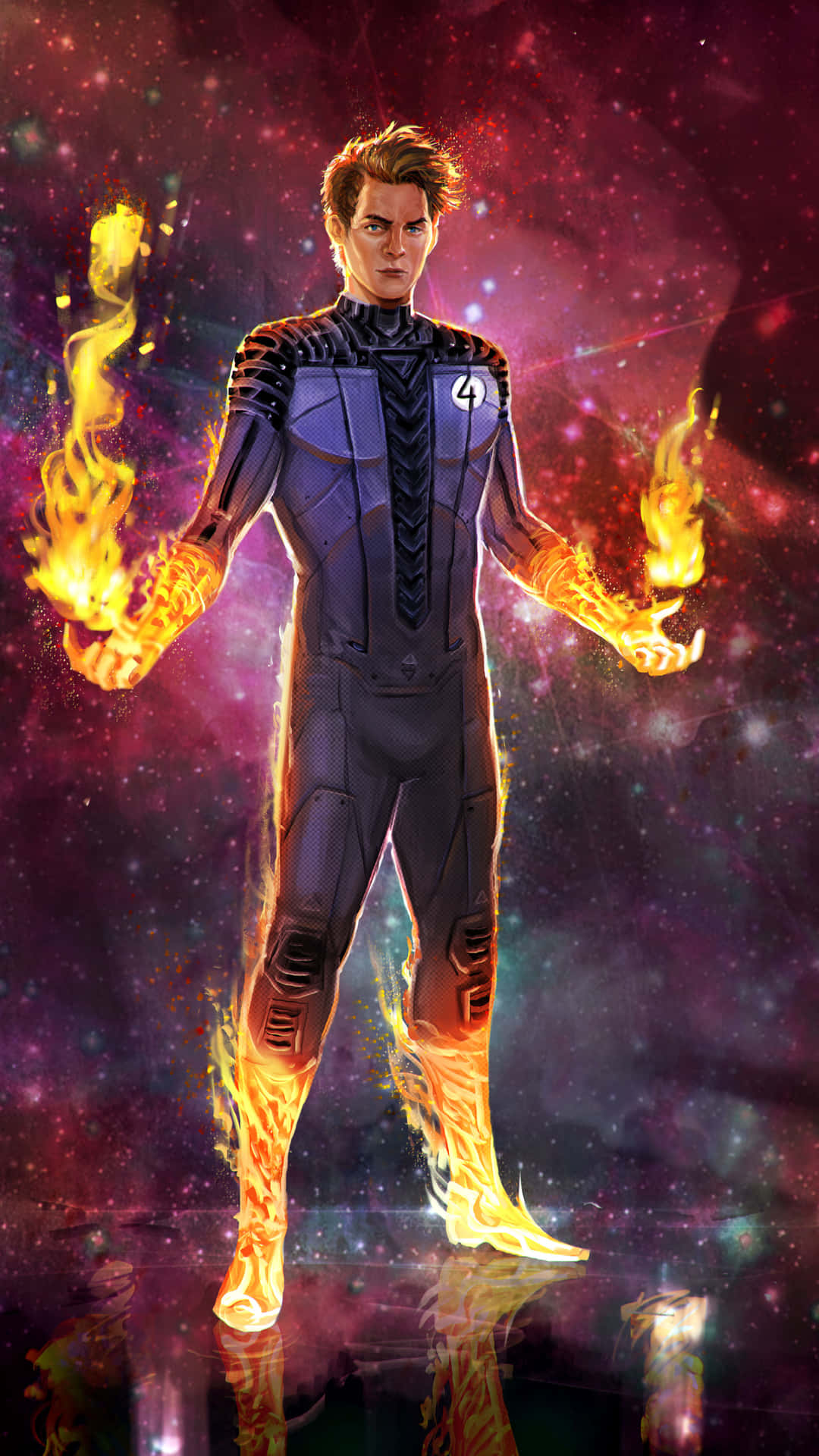  壁紙 — 一個穿著深色西裝的超級英雄站在宇宙星雲中，雙手和雙腳噴出火焰。
