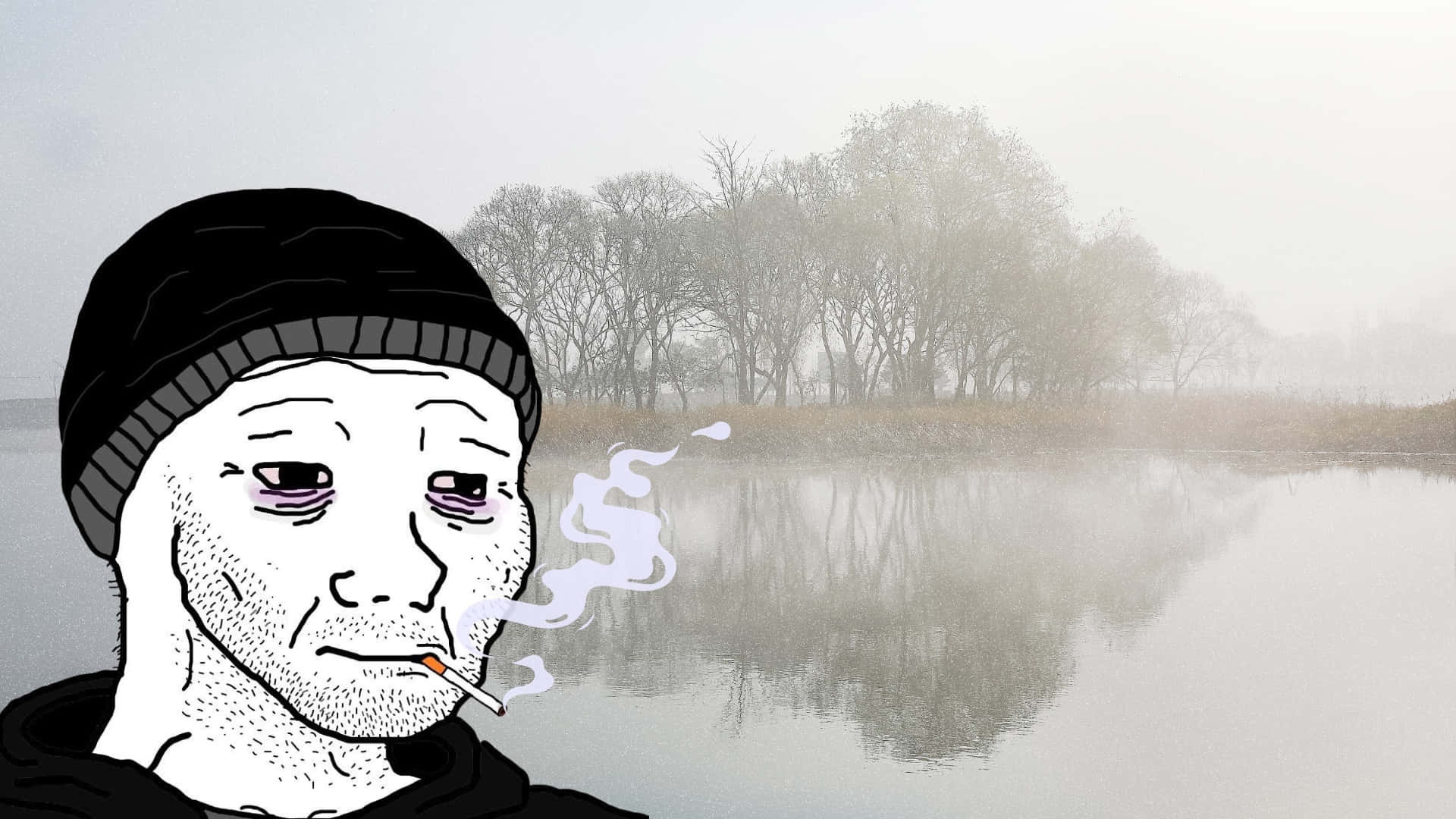  壁紙 — 一個戴冷帽的疲憊男人在霧氣瀰漫的湖邊吸煙，湖面平靜，倒映著光禿的樹木。